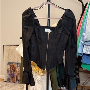 Aje Black Structured Top with Puff Sleeves